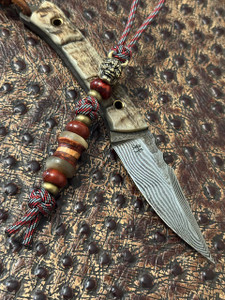 Brass Samurai Knife Lanyard with Elk and Exotic Wood Layer Contour Bead