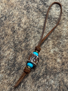 Turquoise, Brass, and Gnarly Bark Deer Antler Leather Wristlet Lanyard for Hatchet or Open Tang Bowie