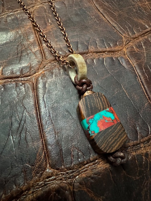 Bocote and Sonoran Sunset Tru-Stone  Handmade Dog Tag Pendant with Antler Passthrough Ring (Copper Chain Included!)