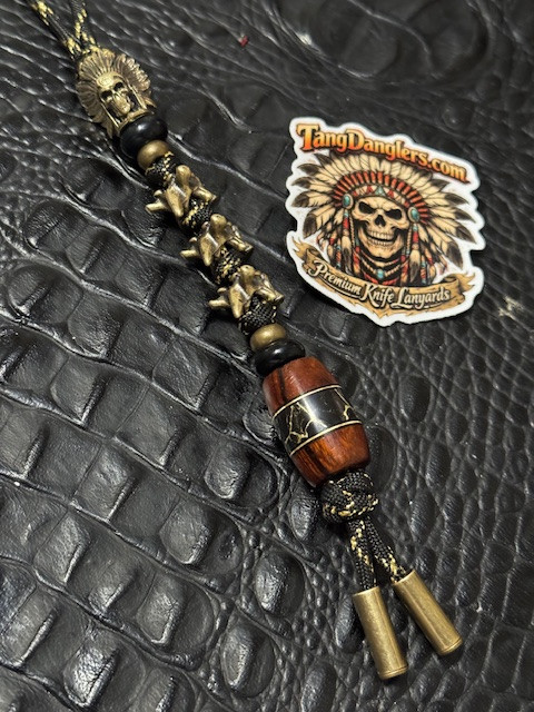 Premium Collection Brass War Chief Lanyard with Onyx Spacers, Brass, Vertebrae, and Ironwood/Brass Liner/Black G10, and Gold Web Split Bead