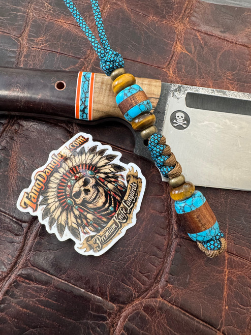 Grain Match Koa Wood and Black Web Turquoise Tru-Stone Reverse Split Bead Lanyard with Tiger's Eye and Brass Accents on Two-Tone Cordage
