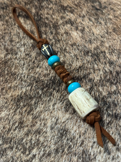 Traditional Leather and Elk Antler Lanyard with Turquoise and Two-Tone Shield Cross