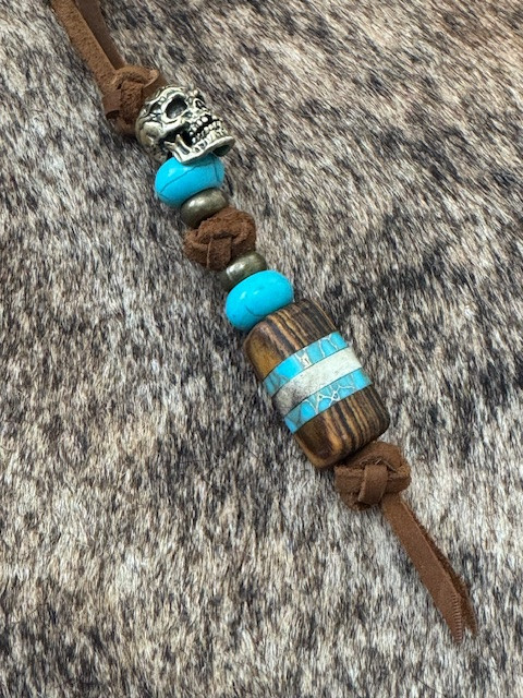 Bocote, Gold Web Turquoise, and Elk Antler Obelisk Bead Leather Lanyard with Brass Pirate Gypsy Skull