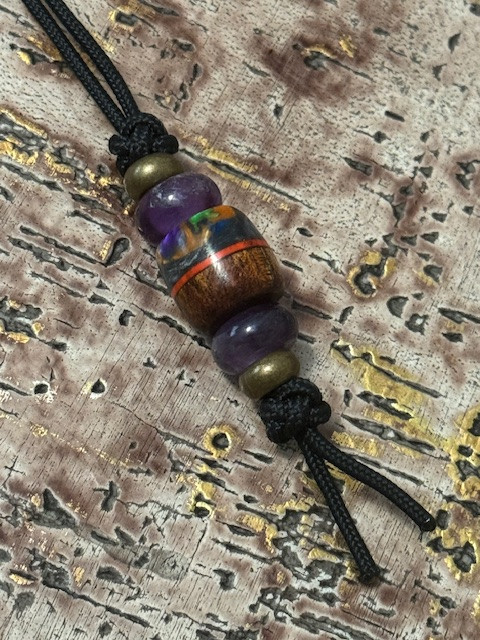 Multi Color Resin, Orange G10, and Koa Wood Mini Cord Lanyard with Brass and Amethyst Spacers