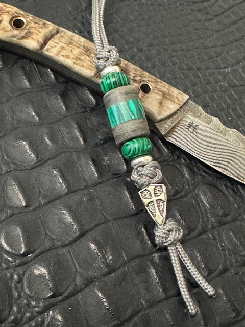 Gray Mini Cord Knife Lanyard with Layered Micarta and Green Malachite Split Bead Accented by Stainless Cross Shield
