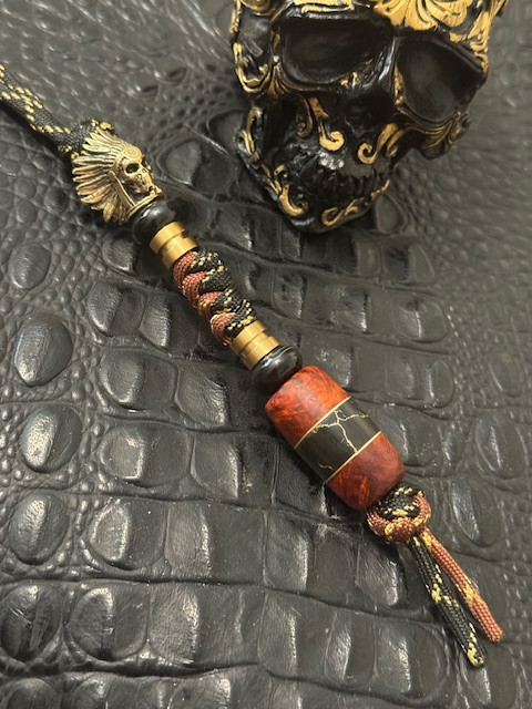 Brass Chief of War Bead Two-Tone Knife Lanyard with Koa Wood, Brass Liner, and Gold Web Tru-Stone Handmade Bead