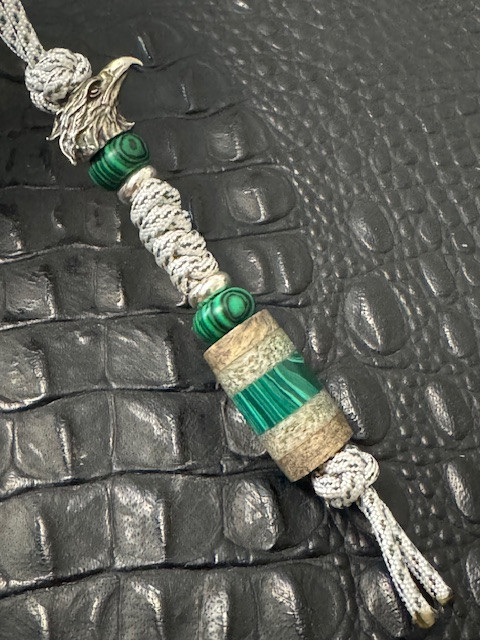 Steel Eagle Head Knife Lanyard with Metal Spacers and Green Malachite Accented by Micarta, Antler and Malachite Split Bead
