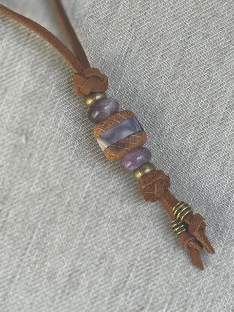 Leather Shorty Knife Nub with Jack Daniel's Whiskey Barrel and Abalone Resin Bead Accented by Brass and Amethyst