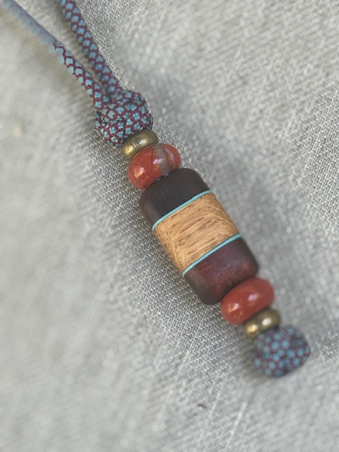 Koa Wood, Tiffany Blue Liner, and Jack Daniel's Whiskey Barrel Shorty Knife Nub with Red Jasper and Brass Accents