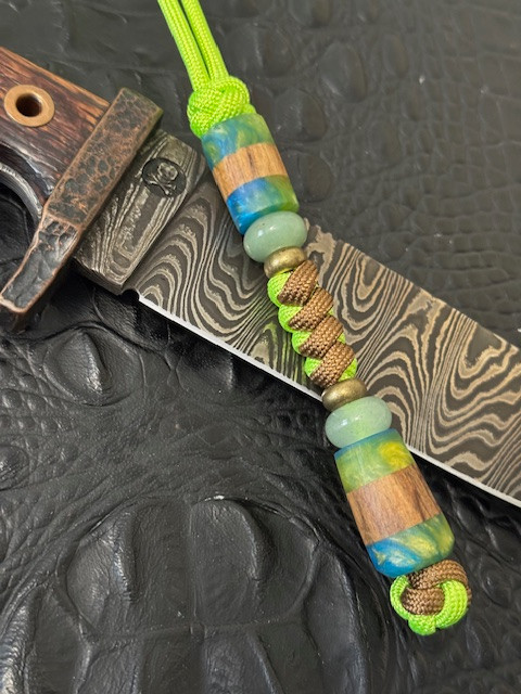 Two-Tone Neon Green and Coyote Brown Knife Lanyard with Multi-Color Resin/Spalted Maple Split Beads Accented by Green Aventurine and Brass