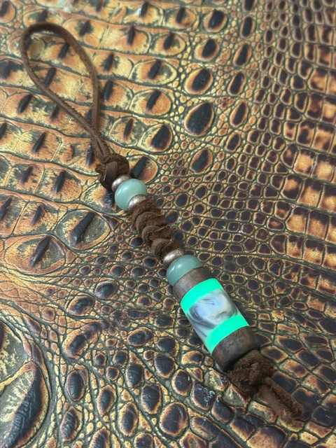 Leather Knife Lanyard with Walnut, Green Glow Liners, and Mother of Pearl Resin Handmade Bead Accented by Copper Spacers and Green Aventurine