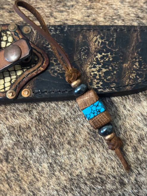 Whiskey Barrel and Black Web Turquoise Tru-Stone Leather Knife Nub with Copper & Hematite Accents