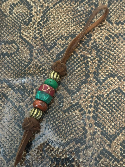 Leather Knife Nub with Red/Gold Web Tru-Stone and Malachite Tru-Stone Handmade Split Bead Accented by Brass Spirals, Red Jade, and Malachite Spacers