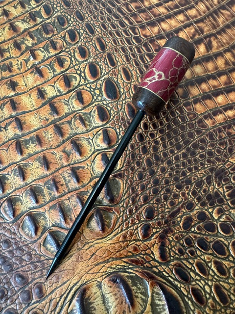 Extended Length Black Steel EDC Spike with Pheasant Wood, Brass Liner, and Red/Gold Web Tru-Stone Handle
