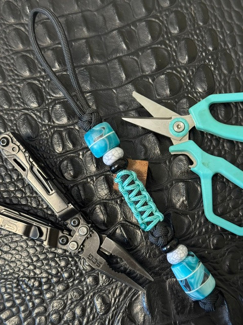 Aqua & Black with White G10 Liner Resin Bead Lanyard with Cobra Knot Wrap Accented by White & Black Spacers