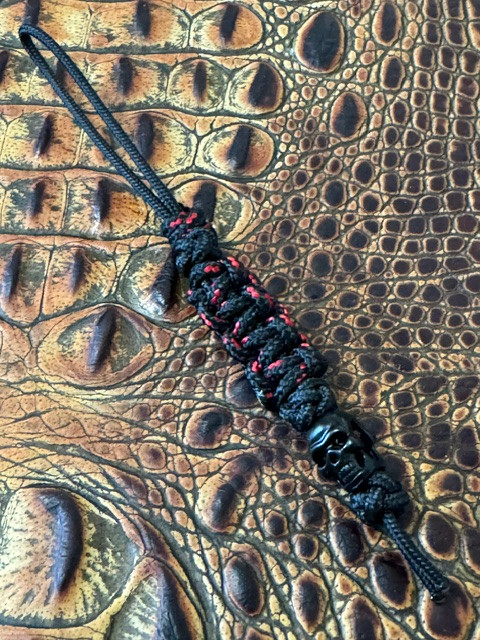 Black Mini Cord Lanyard with Double Sided Black Skull and Black/Red Cobra Wrap