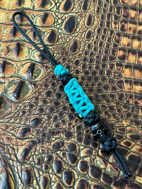 Black Mini Cord Lanyard with Double Sided Black Skull and Turquoise Cobra Wrap