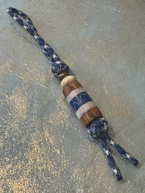 Blue/White/Gray Paracord Knife Nub with Zebrawood, Elk Antler, and Sodalite Tru-Stone Split Bead