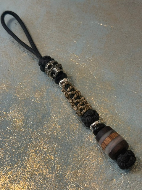 Engraved Stainless Skull and Coyote Cobra Wrap EDC Lanyard with Ziricote Wood, Mother of Pearl Resin, and Zebrawood Split Bead