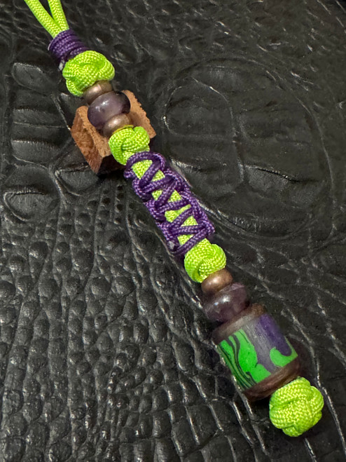 Cobra Collection "JOKER" Lanyard - High Viz Green and Purple Resin with Ironwood Handmade Bead Lanyard Accented by Copper and Amethyst