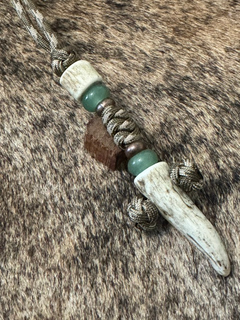Gnarly Elk Antler Tine Spike Bead Paracord Lanyard with Green Aventurine and Copper Accents