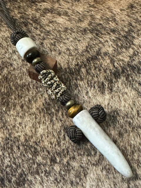 Polished Elk Tine Spike Bead Cobra Mini Cord Wrap Lanyard with Tiger's Eye and Brass Accents