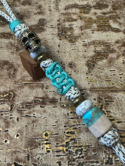 Handmade Gold Web Turquoise and Elk Antler Bead Lanyard with Engraved Brass Skull and Cobra Knot Wrap