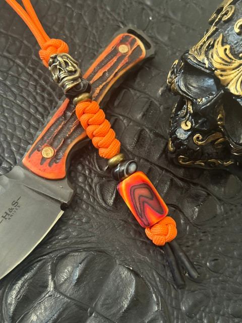 Handmade Reactive G-Carta Obelisk Bead Lanyard with Brass Serpent Skull and Onyx Swirl Spacers on High Viz Orange 550 Cord