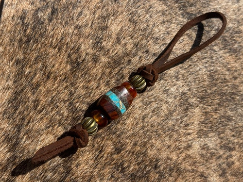 Traditional Leather Lanyard with Handmade Ironwood, Brown Micarta, and Gold Web Turquoise Bead Accented by Brass Spirals and Deep Brown Spacers
