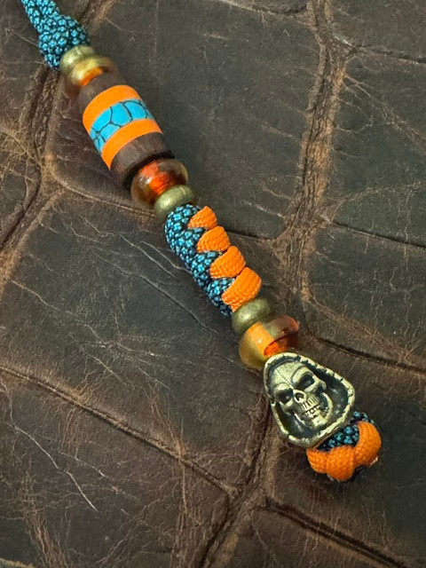 Two-Tone Black Diamond Turquoise & Orange 550 Cord Lanyard with Snakewood, Orange HyperGlow, and Turquoise Split Bead Accented by Polished Brass Reaper