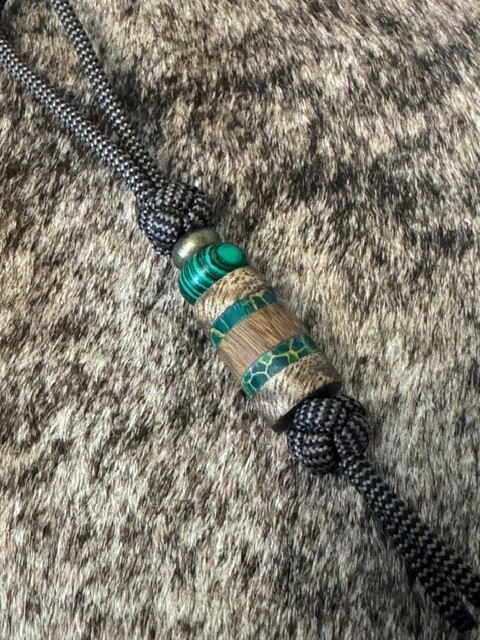 Curly Mango Wood, Arizona Jade Tru-Stone, and Lingum Vitae Wood Split Bead Knife Nub with Malachite & Brass Accents