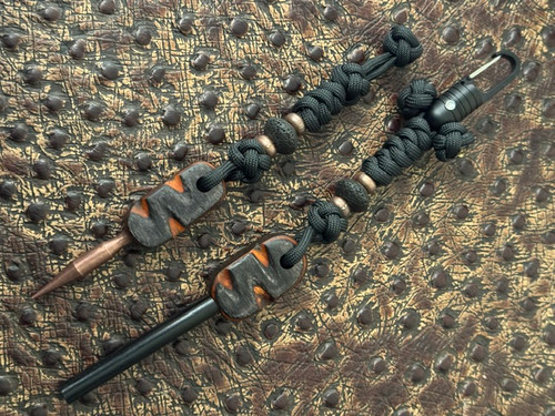 Survival Series Custom Black/Orange Layered Wood Handle Ferro Rod and Copper De-Tangling Spike Package with Parapocalypse Lanyards