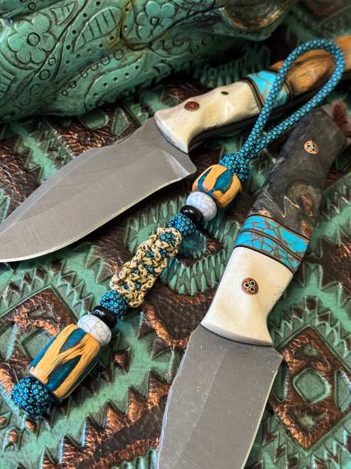 Handmade Cholla Cactus and Turquoise Resin Bead Lanyard with Desert Tan Cobra Wrap On Turquoise/Black Diamond Paracord