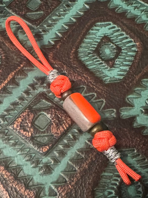 Orange Paracord Knife Nub with Polished Deer Antler & Orange Hyperglow Bead Accented by Mini Cord Noose Wrap and Brass Spacers