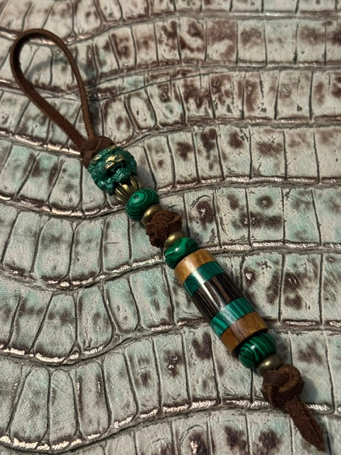 "Eye of The Tiger" - Green Brass Tiger Bead on Leather Cordage Accented by Malachite and Handmade Split Bead with Whiskey Barrel, Malachite, and Polished Palm Wood Layers