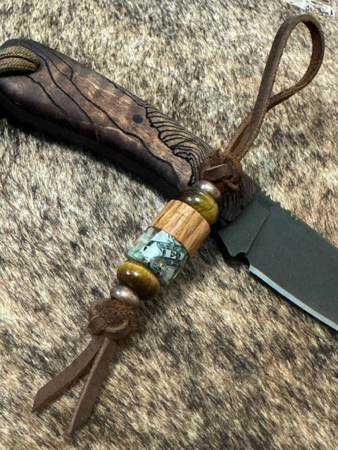 "Bootlegger" Jack Daniel's Whiskey Barrel & Shredded Money Resin Knife Nub on Leather Cordage with Copper & Tiger's Eye Accents