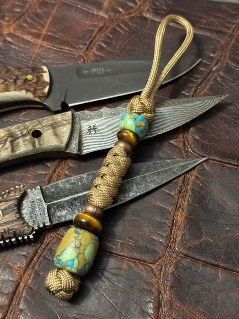 Handmade Dragon Skin Tru-Stone Bead Knife Lanyard with Tiger's Eye and Copper Accents on Desert Camo 550 Cord