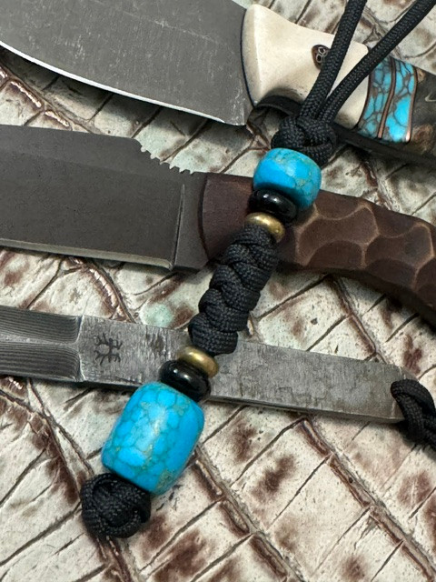 Handmade Gold Web Turquoise Tru-Stone Bead Lanyard with Onyx & Brass Accents on Black 550 Cord