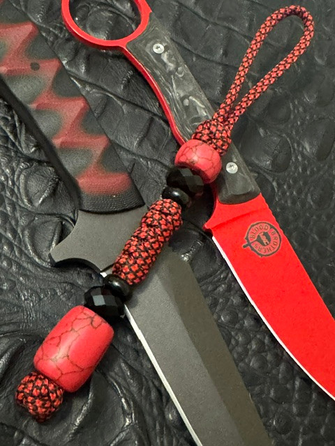 Handmade Red w/ Black Web Tru-Stone Bead Knife Lanyard with Faceted Black Accent Spacers with Red/Black Diamond Paracord
