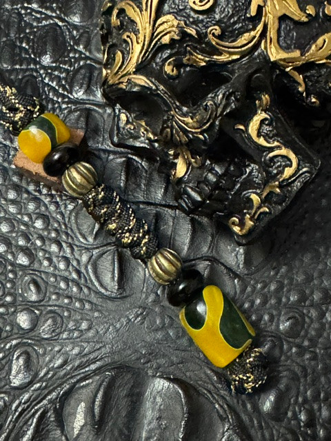 Black & Gold Reactive Paracord Lanyard with Yellow & Green Drip Resin Handmade Beads Accented by Brass Spiral Spacers & Onyx