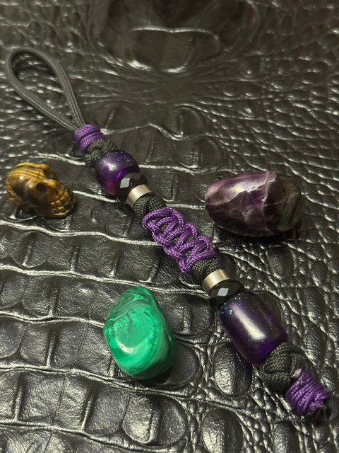 "Deep Purple" Reflective Deep Purple Resin Bead Lanyard with Onyx and Stainless Accented Spacers Accented by Purple Mini Cord Wrap