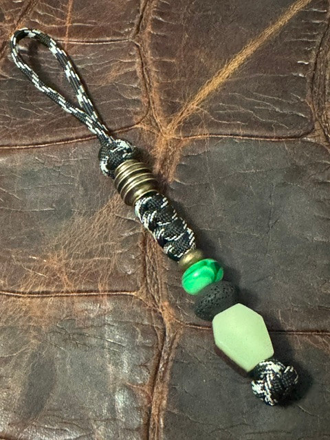 Coffin Collection Snakewood & Green Glow Bead Lanyard on Glow In The Dark Cord with Brass Spindle Bead and Jade Green Accents