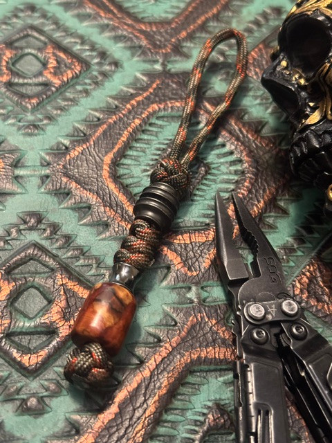 Handmade Amboyna Burl Wood Knife Nub with Gunmetal Finished Metal Accent Beads