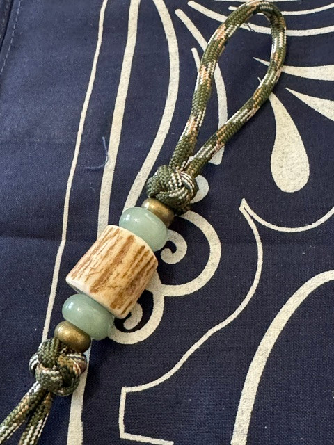 OD Green Camo Paracord Knife Nub with Handmade Elk Antler Bead Accented by Green Aventurine & Brass Spacers