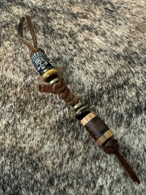 Brass Skull Chief Leather Knife Lanyard with Whiskey Barrel, Ironwood, and Pheasant Wood Split Bead Accented by Tiger's Eye
