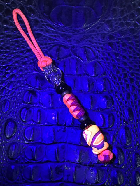 Atomic G-Carta Bead Knife Lanyard On Red/Orange Two-Tone Paracord With Perched Brass Owl On Skull Accented by Onyx & Brass