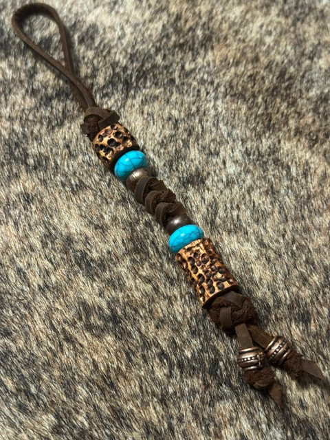 Stipple Textured Koa Wood Bead Leather Knife Lanyard with Turquoise & Copper Accenting