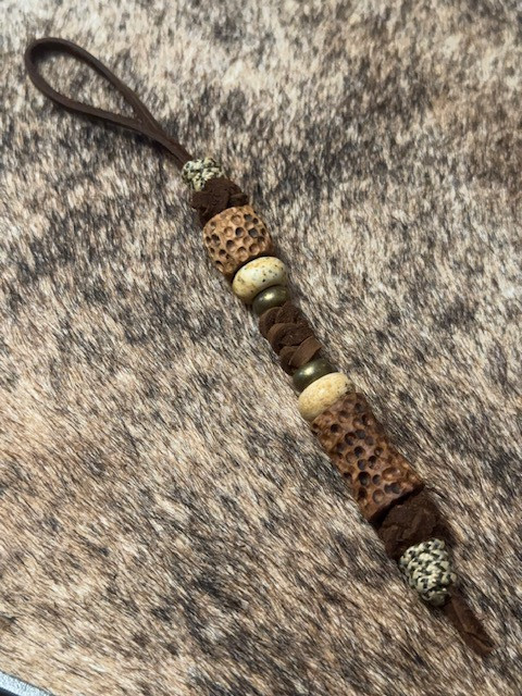 Stipple Textured Whiskey Barrel Bead Leather Knife Lanyard with Picture Jasper, Brass, and Tan Camo Mini Cord Wrap Accents