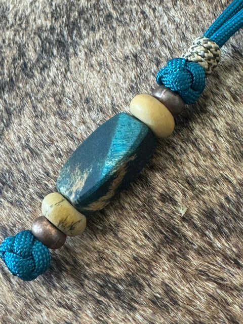 Teal Paracord Knife Nub with Dyed Maple Burl Wood Bead Accented by Picture Jasper, Copper, and Light Tan Mini Cord Wrap
