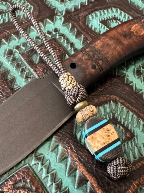 "Knife Scale Bead" Lanyard with Brown Micarta, Tiffany Blue G10, Black G10, and Maple Burl Split Accented by Brass, Picture Jasper, and Mini Cord Wrap